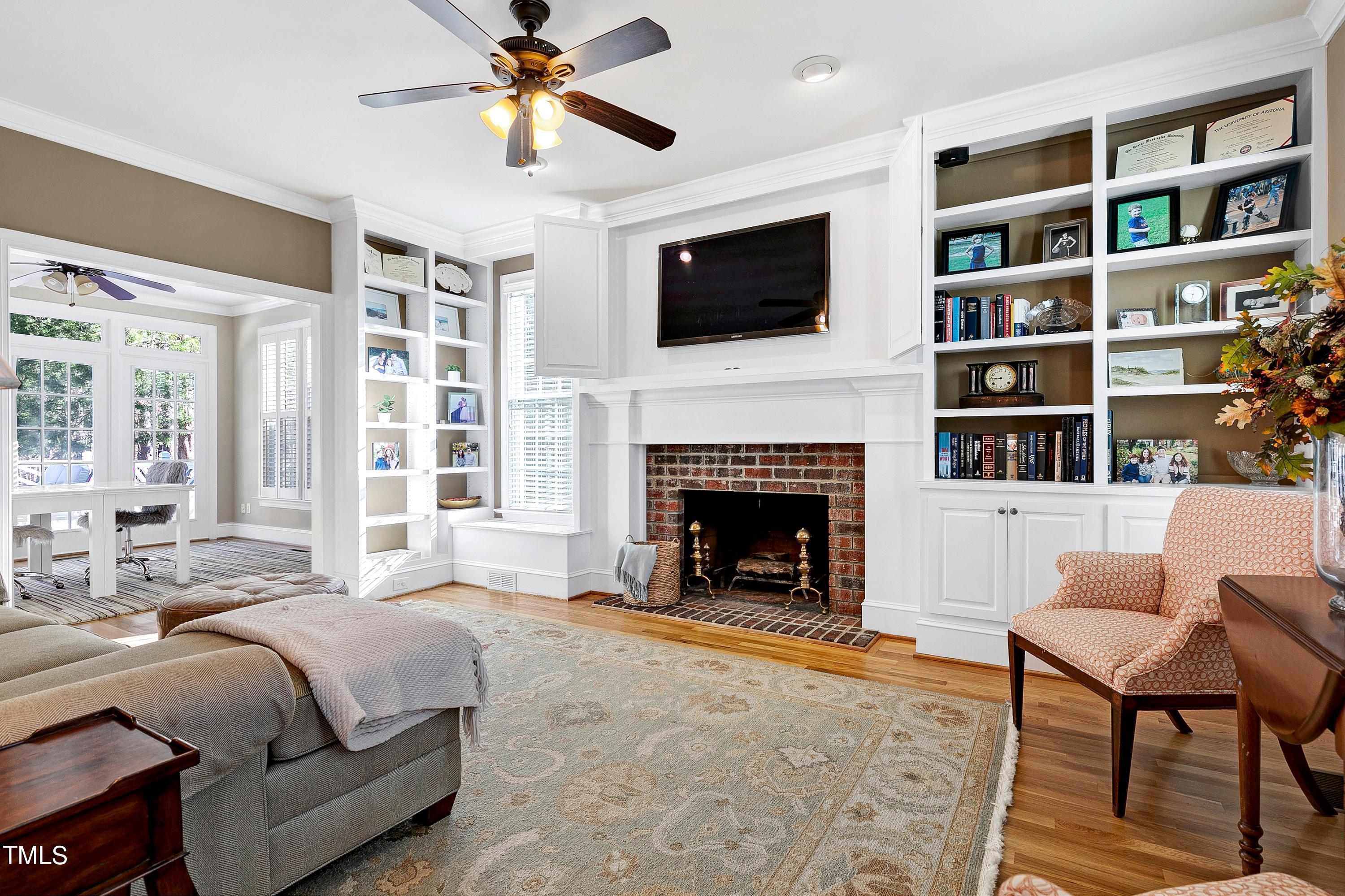 Spacious family room with custom built-ins