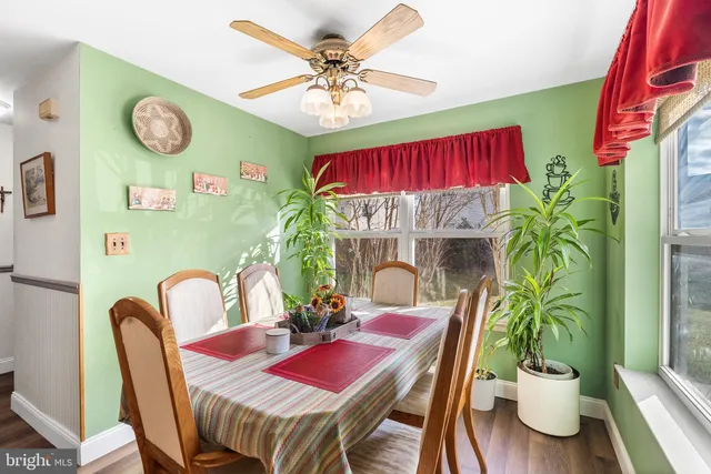 a dining room with furniture a potted plant and a chandelier