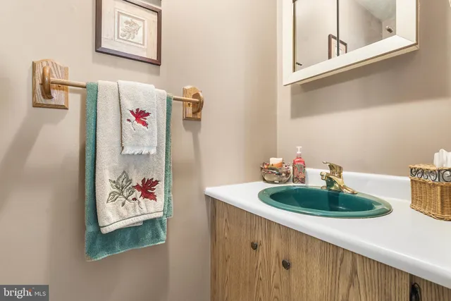 a bathroom with a sink a mirror and vanity