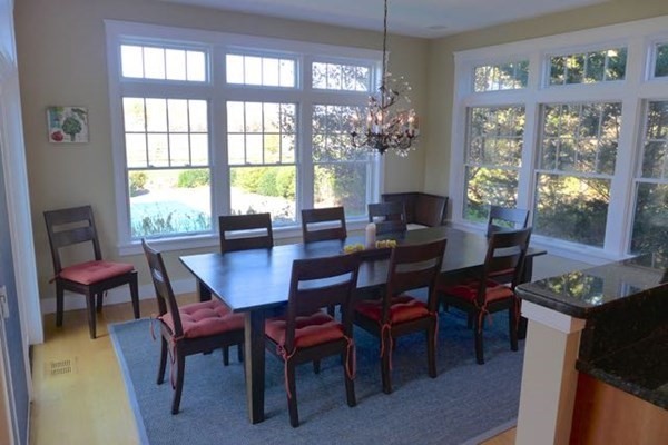 99 Pond Road West Tisbury, MA 02568 - Photo 10 of 39 a view of a dining room with furniture wooden floor and a chandelier