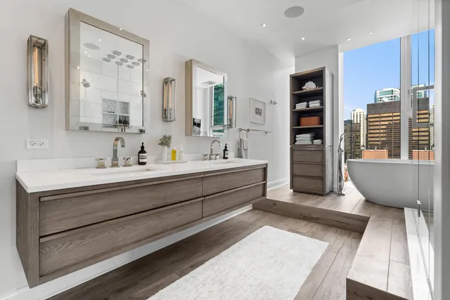 a city view with tall buildings