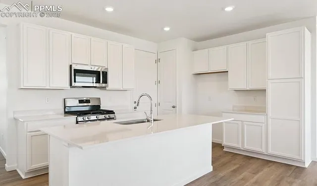 a kitchen with stainless steel appliances a stove a sink a refrigerator a microwave and cabinets