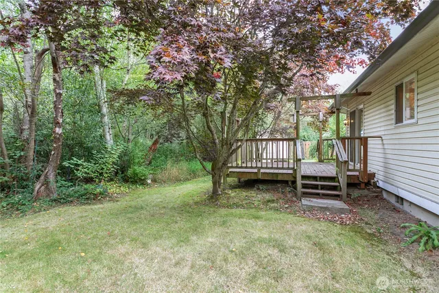 a view of a bench in the backyard