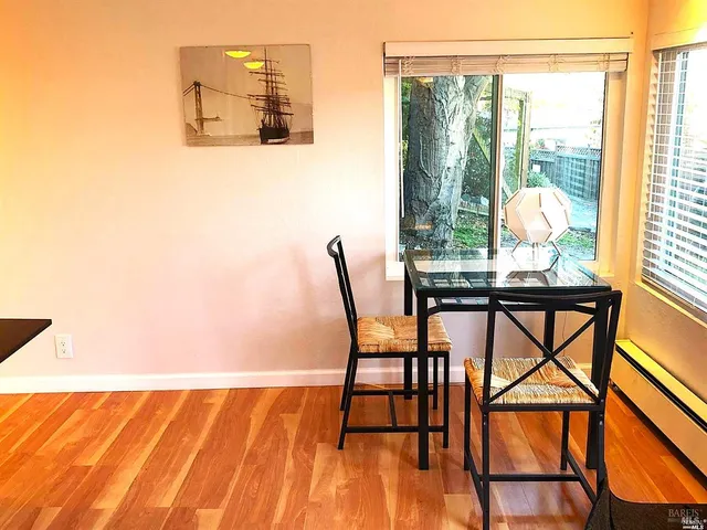 a dining room with a window