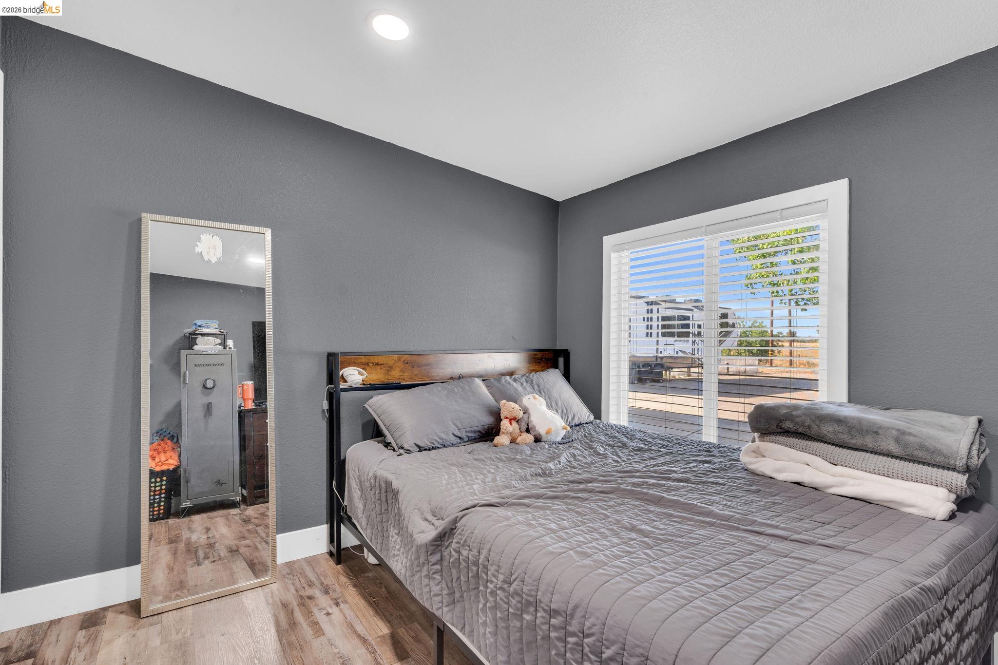 59 Old Stagecoach Road Brentwood, CA 94513 - Photo 47 of 70 Room featuring wood-finish flooring, a contemporary ceiling light fixture, and a large sliding glass door with white blinds
