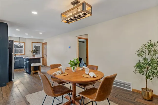 a view of a dining room with furniture