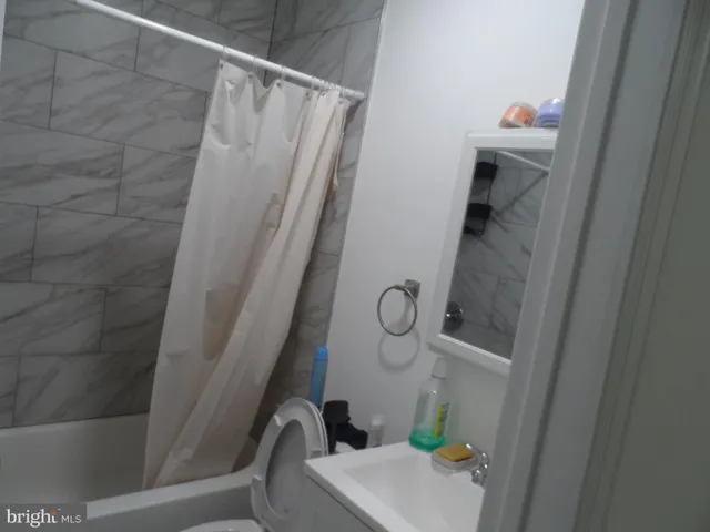 a bathroom with a shower and a toilet