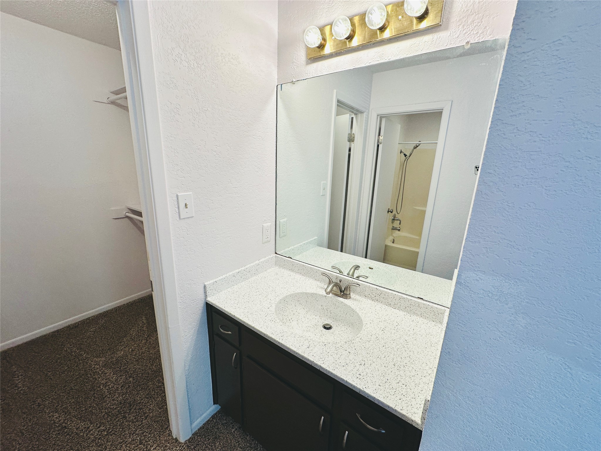 1002 Ridgemont Street Round Rock, TX 78664 - Photo 28 of 30 Full bath with a textured wall, vanity, and a walk in closet