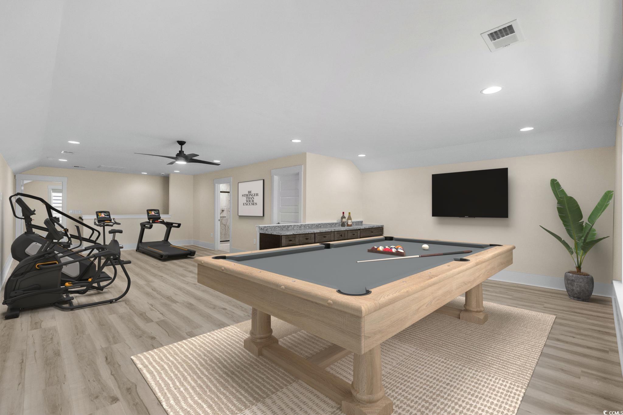 7129 Spoleto Drive Myrtle Beach, SC 29572 - Photo 9 of 39 Rec room with recessed lighting, billiards, light wood-type flooring, and a ceiling fan