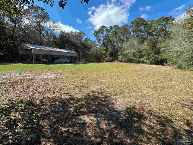 a view of swimming pool with seating area and trees in the background