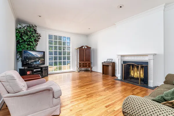 a living room with furniture large window and a fireplace