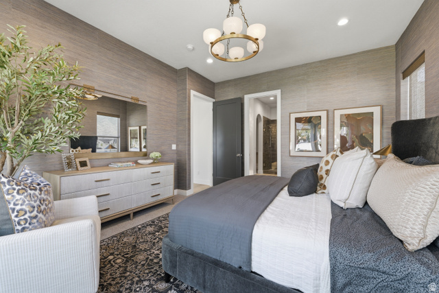 2559 West Aurora Avenue Mapleton, UT 84664 - Photo 16 of 60 Bedroom featuring textured wall covering, recessed lighting, and a modern chandelier