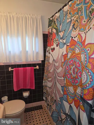 a bathroom with a toilet and shower curtain