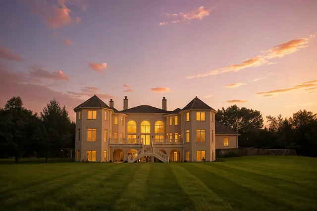 a view of a big house with a big yard and large trees