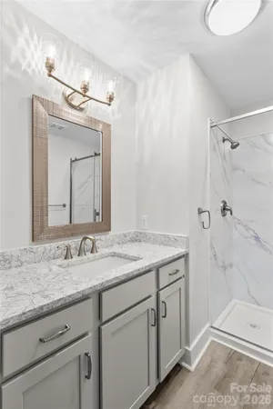 a bathroom with a granite countertop sink mirror and a shower