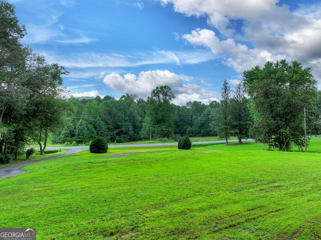 a view of a big yard with large trees