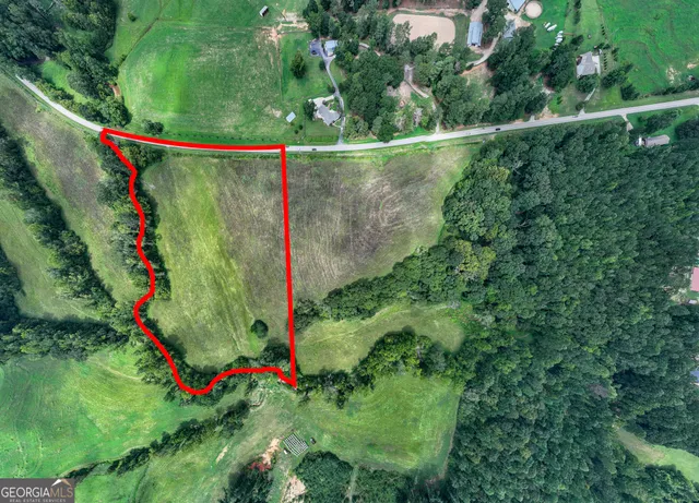 a view of a green yard with large trees