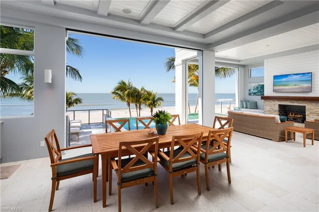 a dining room with furniture a rug and a potted plant