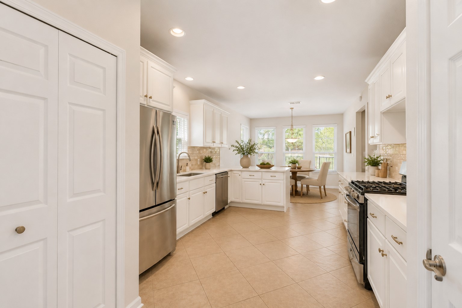12528 Labrador Cove Austin, TX 78729 - Photo 12 of 40 Virtually Staged | Bright and spacious kitchen featuring white cabinetry, stainless steel appliances, abundant counter space, and a light-filled breakfast area. Designer-inspired furnishings and décor showcase the kitchen’s warmth, functionality, and everyday gathering potential. Furnishings shown are for visualization purposes only.