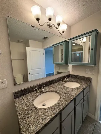 a bathroom with a granite countertop double vanity sink and a mirror