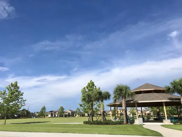 a view of a big yard with a house in the background