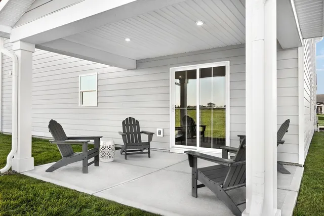 a building outdoor space with patio furniture