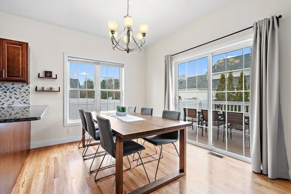 a view of a dining room with furniture window and outside view