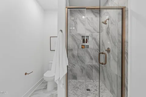 a bathroom with a shower and toilet