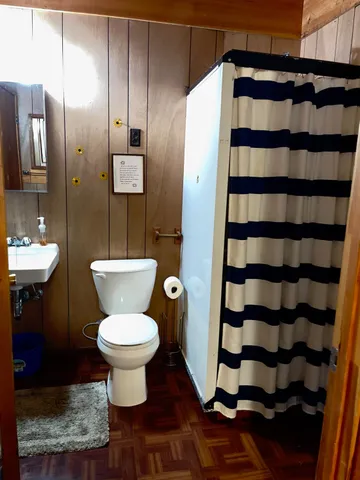 a bathroom with a toilet and a shower