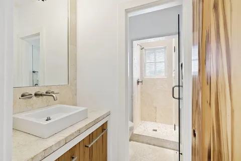 a bathroom with a sink a mirror and a shower