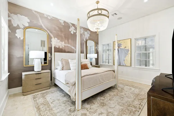 a living room with bed