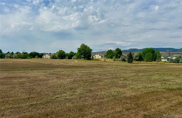 a view of a swimming pool with a yard and large trees