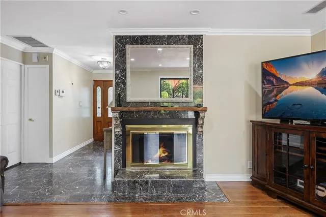 a living room with a fireplace in it