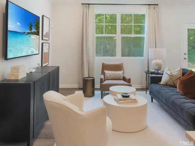 a living room with furniture and a potted plant