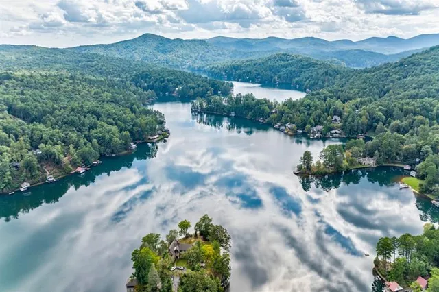 a view of a lake with mountains in the background