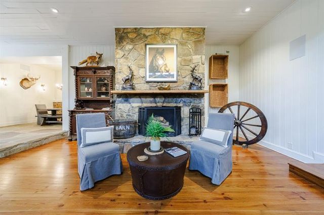 a living room with fireplace furniture and a flat screen tv