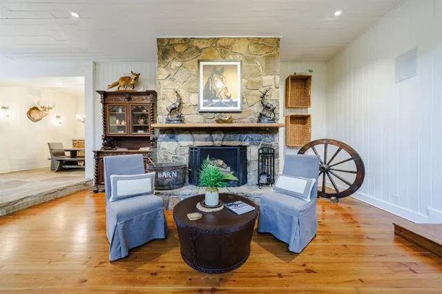 a living room with fireplace furniture and a flat screen tv