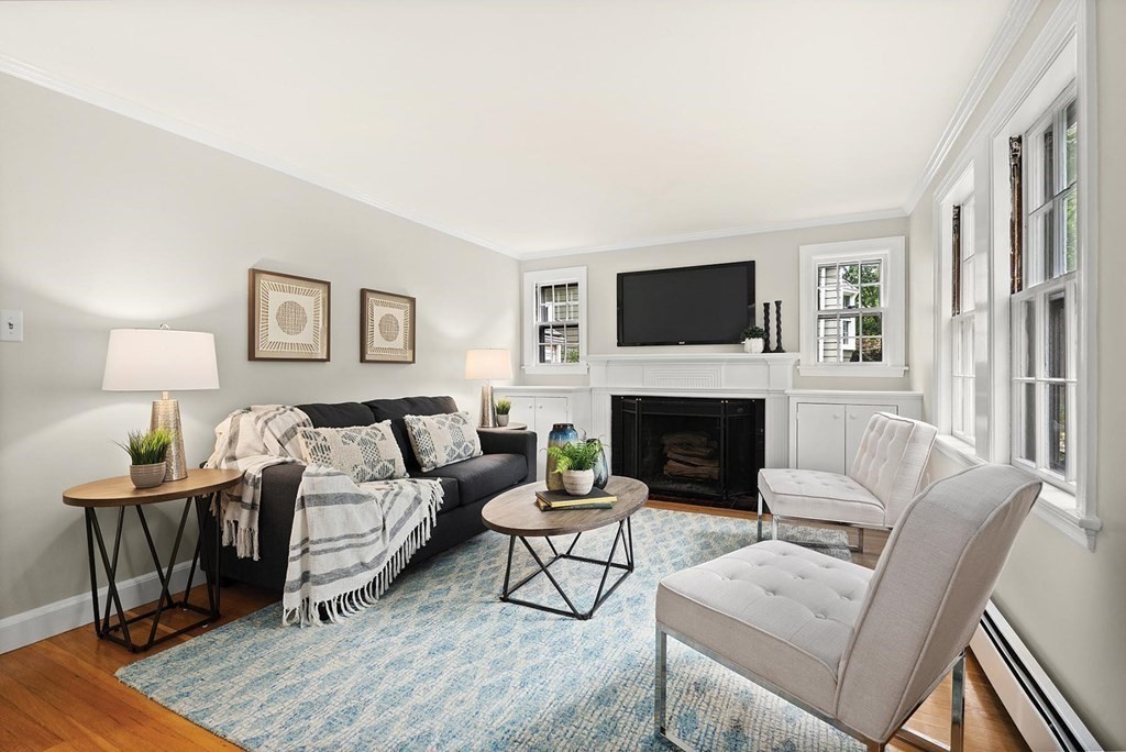 27 Conant Road Brookline, MA 02467 - Photo 5 of 23 a living room with furniture a fireplace and a flat screen tv