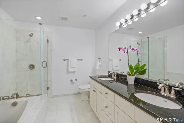 a spacious bathroom with a granite countertop sink a mirror and a shower