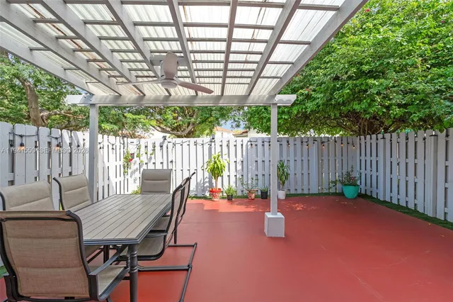 a backyard of a house with table and chairs