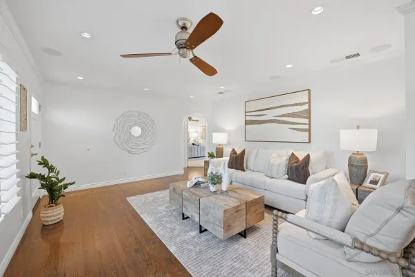 a living room with furniture and a potted plant