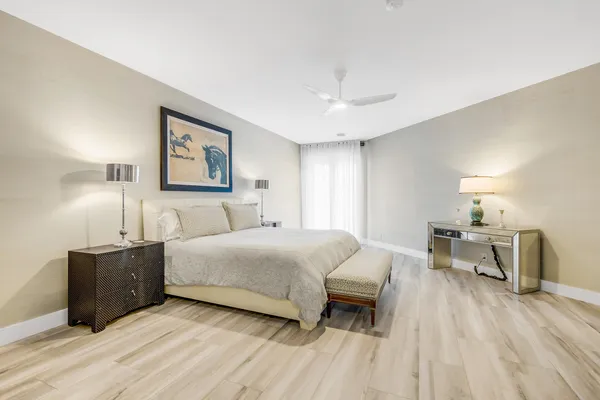 a spacious bedroom with a bed and a table in it