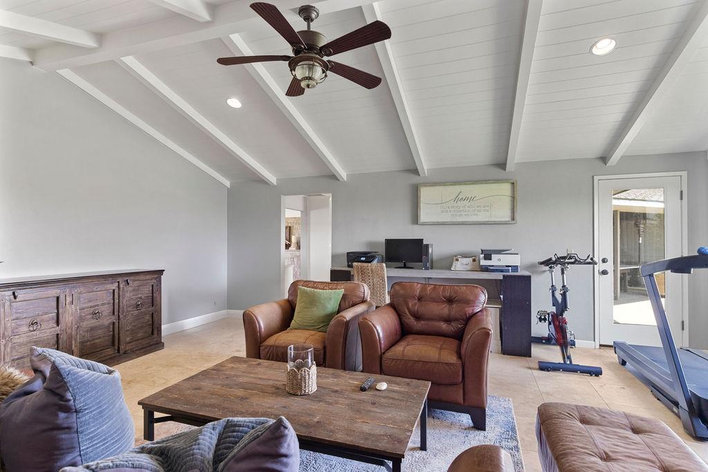 4930 South Faith Home Road Turlock, CA 95380 - Photo 31 of 69 living room with lofted ceiling with beams, ceiling fan, and recessed lighting