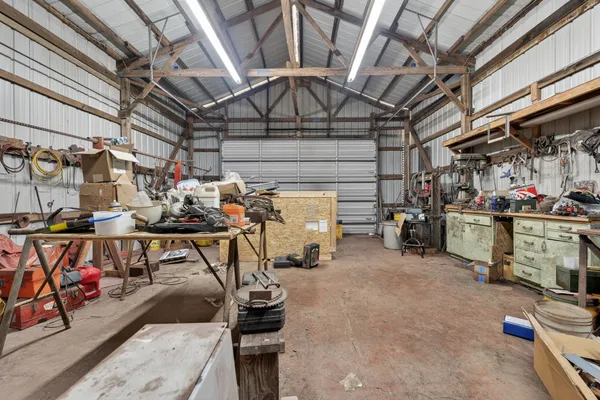 a view of a garage with storage