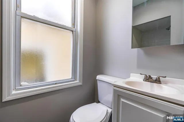 a bathroom with a toilet sink vanity and mirror