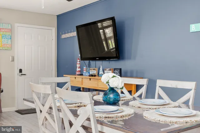 a view of a dining room with furniture