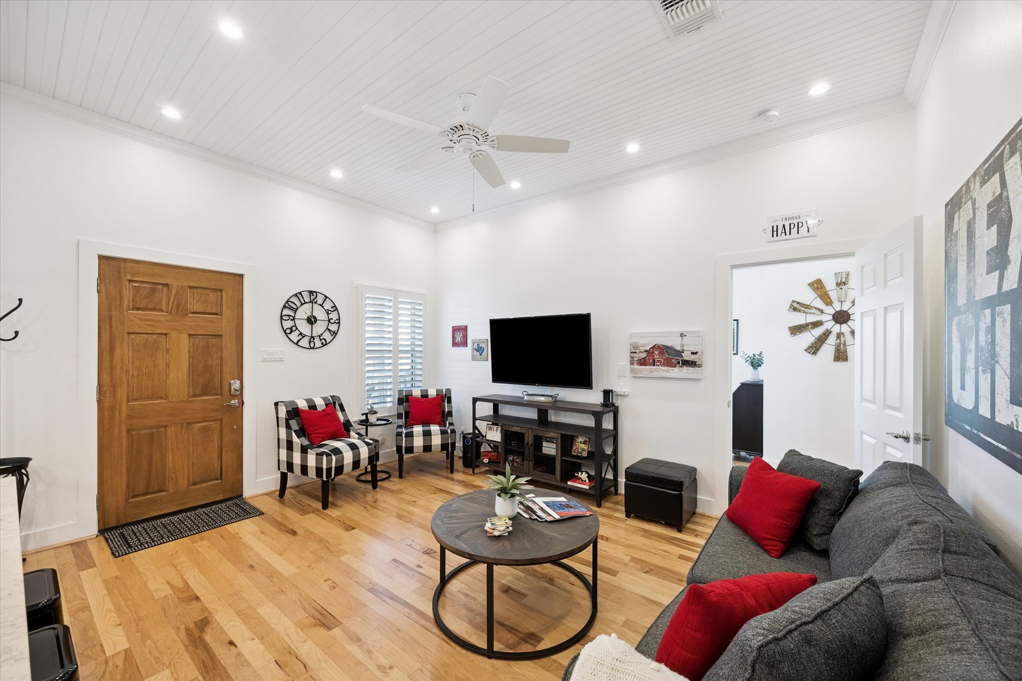 5100 Jaeger Road Burton, TX 77835 - Photo 11 of 34 Living area with light wood-type flooring, ornamental molding, ceiling fan, wooden ceiling, and recessed lighting