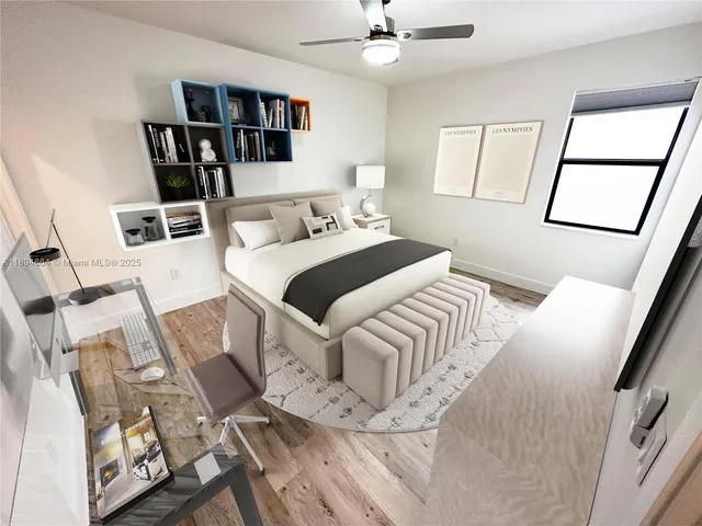 a bedroom with a bed and a book shelf