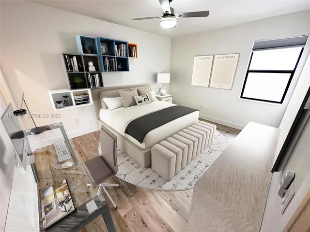 a bedroom with a bed and a book shelf