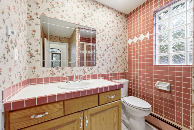 3535 Homestead Road Park City, UT 84098 - Photo 66 of 81 Bathroom featuring a wood vanity with a drop-in sink, a large wall mirror, and a toilet